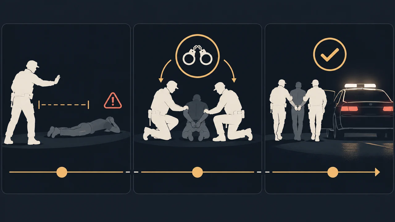 Editorial three-stage diagram of downing, restraint, and the reported police-car outcome