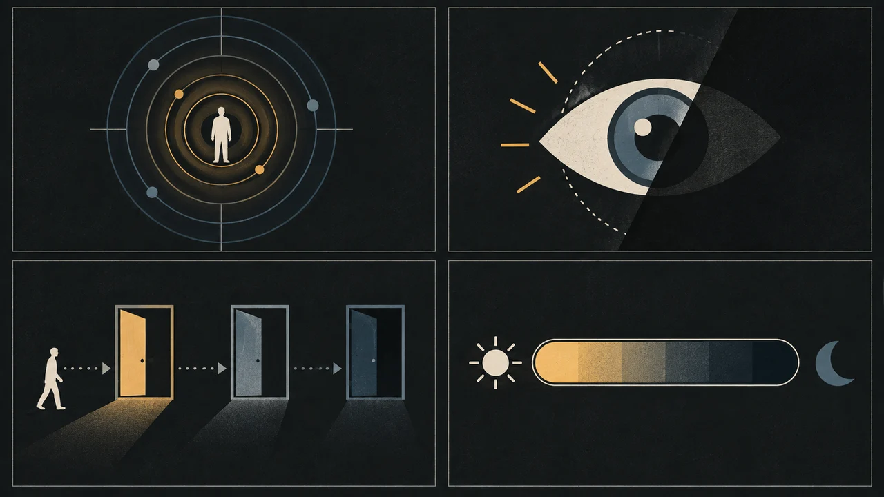 Editorial diagram of awareness, observation, repositioning, and light states