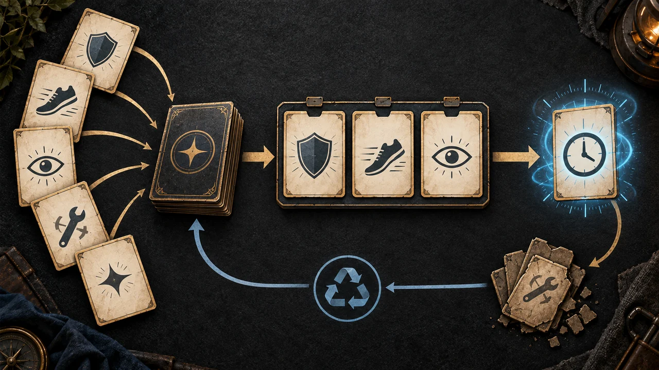 Editorial diagram of the perk draw, loadout, boost, and scrap loop