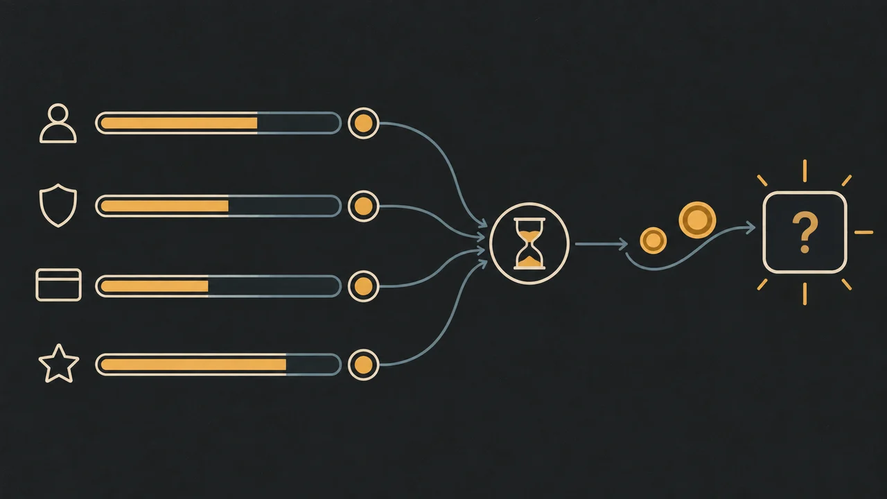 Editorial diagram of four progression tracks converging on a timed prestige gate